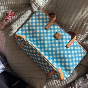 Dooney & Bourke Blue Checkered Tote with Brown Trim